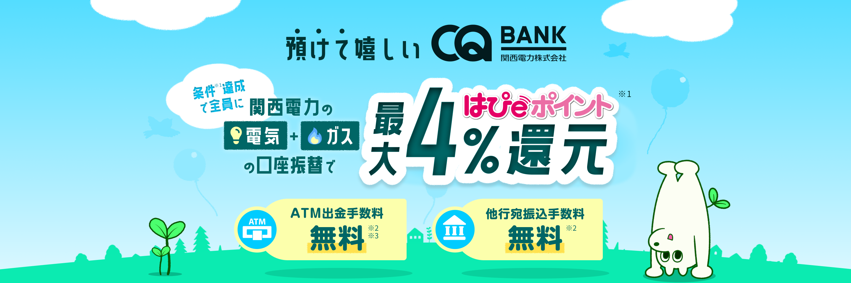 預けて嬉しいCQ BANK 条件達成で全員に関西電力の電気+ガスの口座振替で最大はぴeポイント4%還元