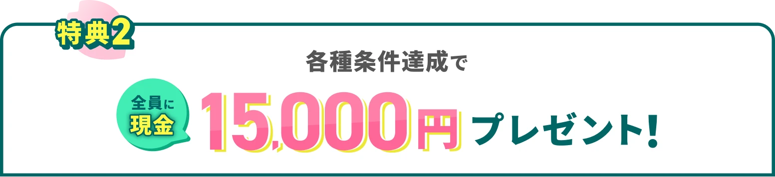 特典2 各種条件達成で全員に現金15,000円プレゼント！